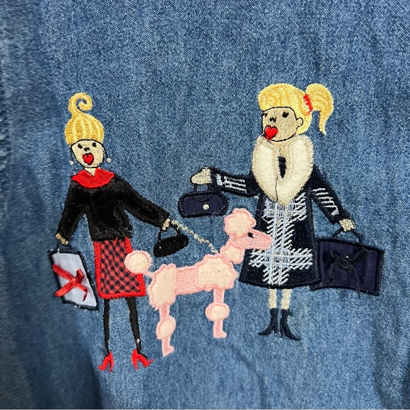 Vintage Bobbie Brooks embroidered shoppers and dogs denim button up shirt - Picture 2 of 4